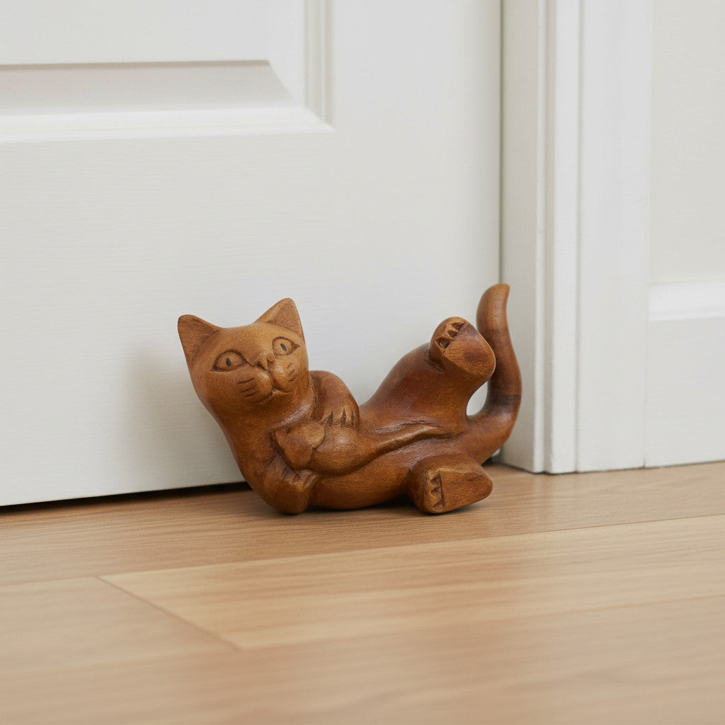 Playful Whiskers Wooden Cat Sculpture