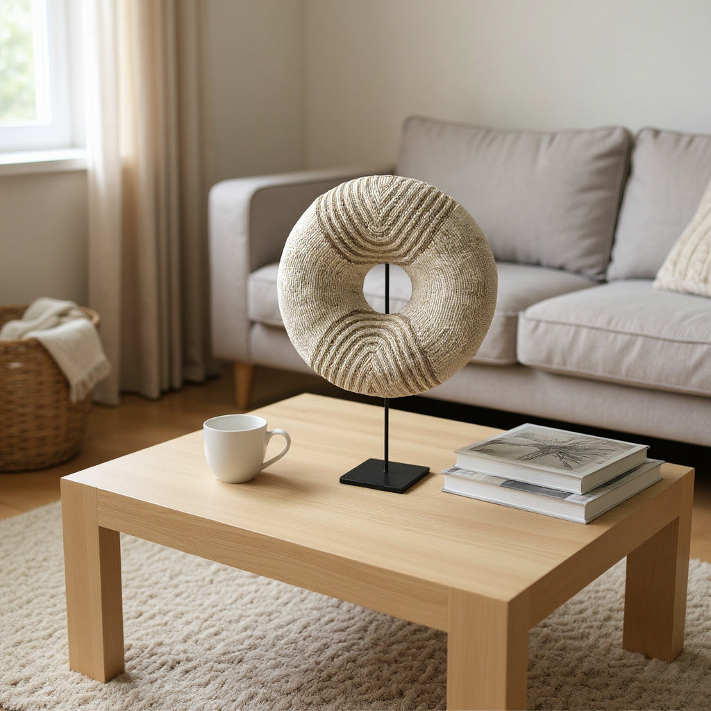 Bead Donut Decoration with Stand | Beige, Cream 55cm