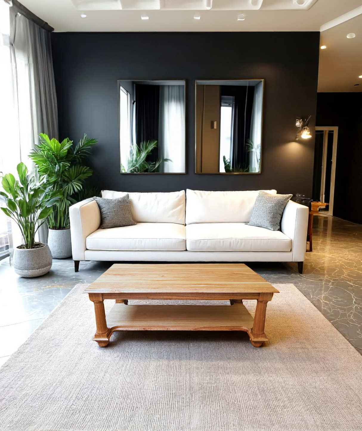 Post Coffee Table | Natural Finish, made from stained teak wood with bottom storage