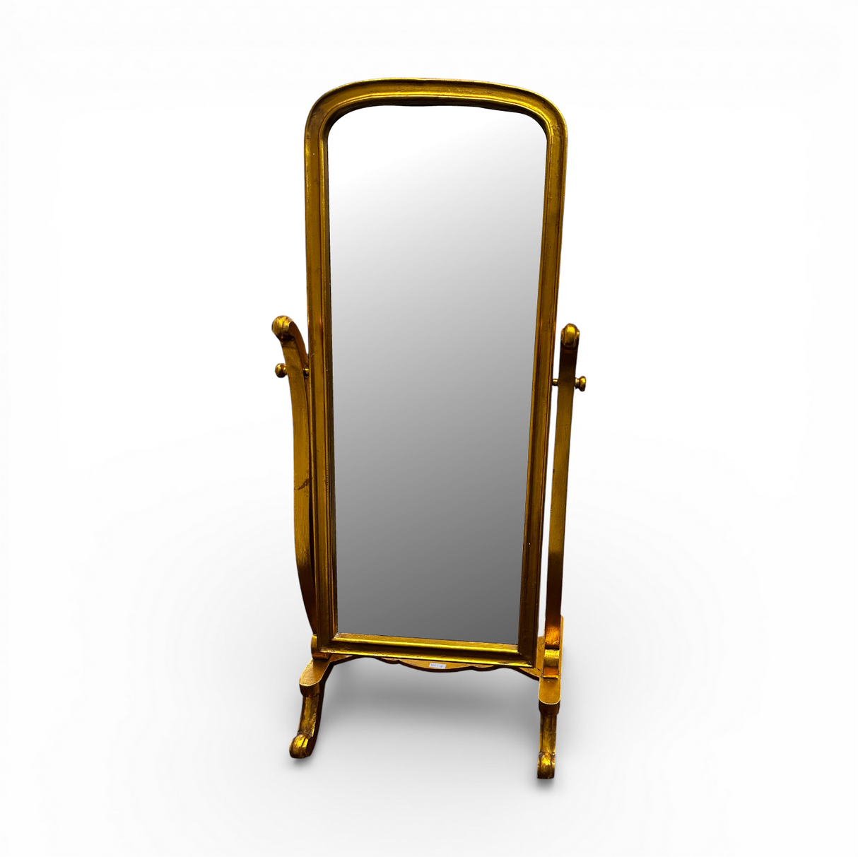 Antique gold freestanding cheval floor mirror featuring a graceful arched frame, adjustable tilt mechanism, and elegant full-length mirror. This timeless dressing mirror adds classic sophistication to bedrooms, dressing rooms, walk-in wardrobes, and living spaces, complementing traditional, vintage, luxury, and contemporary interiors.