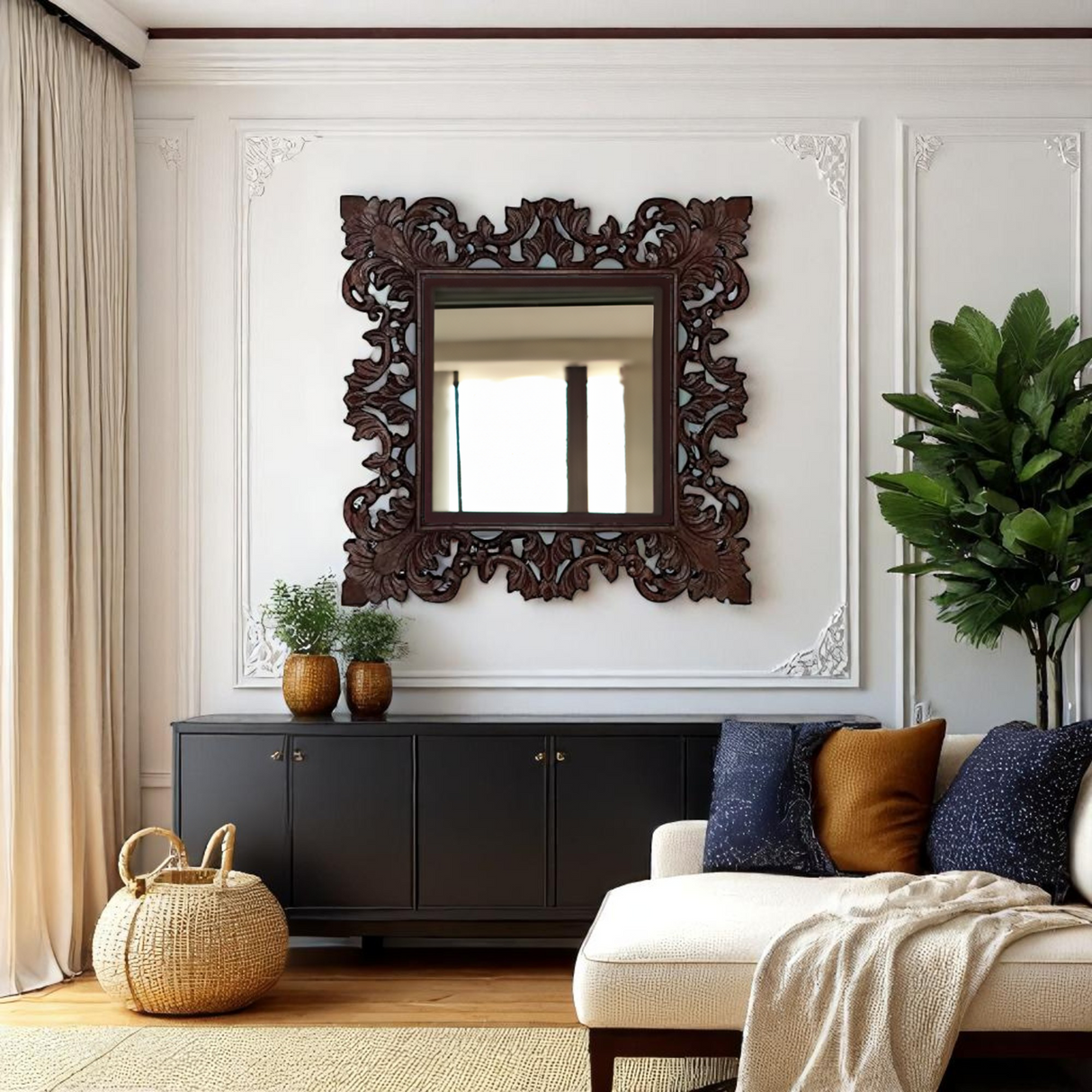 Baron Art Décor Square Mirror | Dark Brown Large Wall Mirror