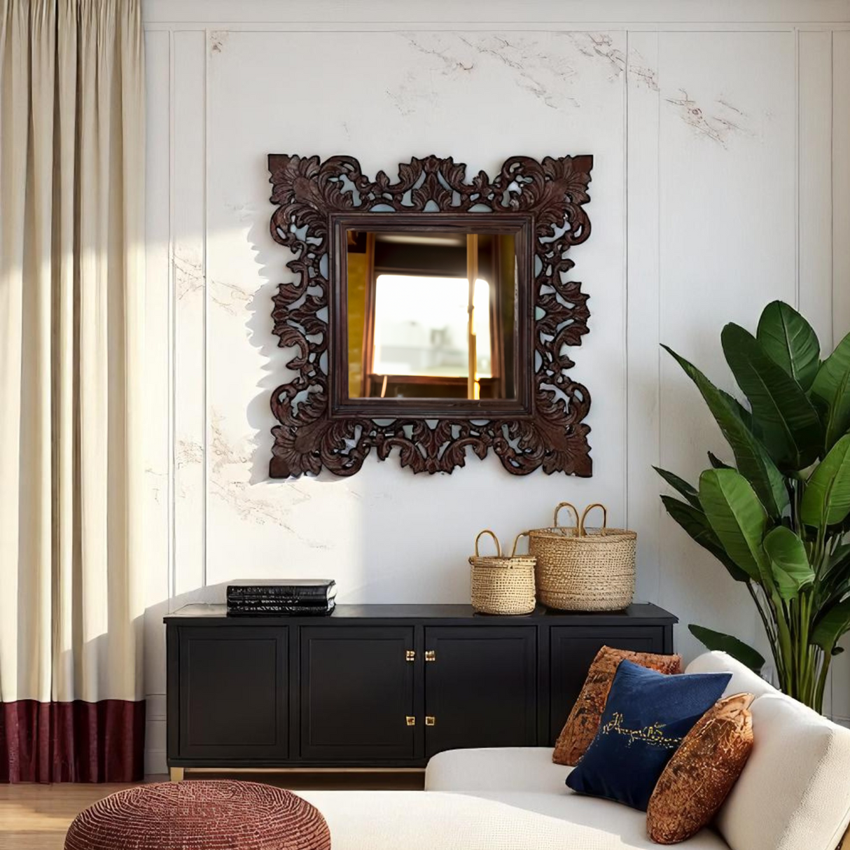 Baron Art Décor Square Mirror | Dark Brown Large Wall Mirror