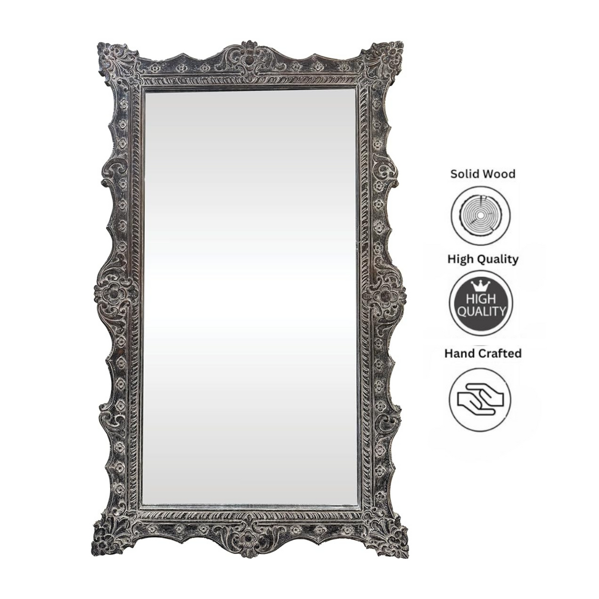 Antonio Antiq Large Wall Mirror With Ornately Decorated Grey Frame