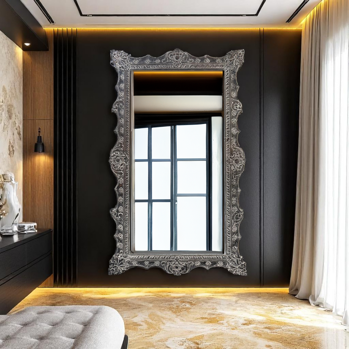 Antonio Antiq Large Wall Mirror With Ornately Decorated Grey Frame