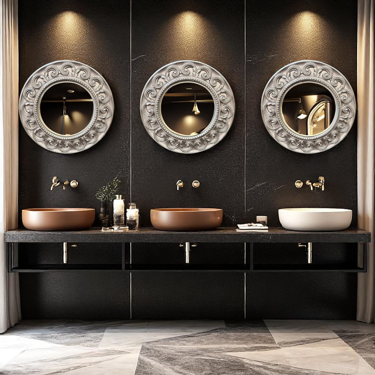 LS05 Silver Mirror with Ornately Decorated Frame | Round 52x52cm