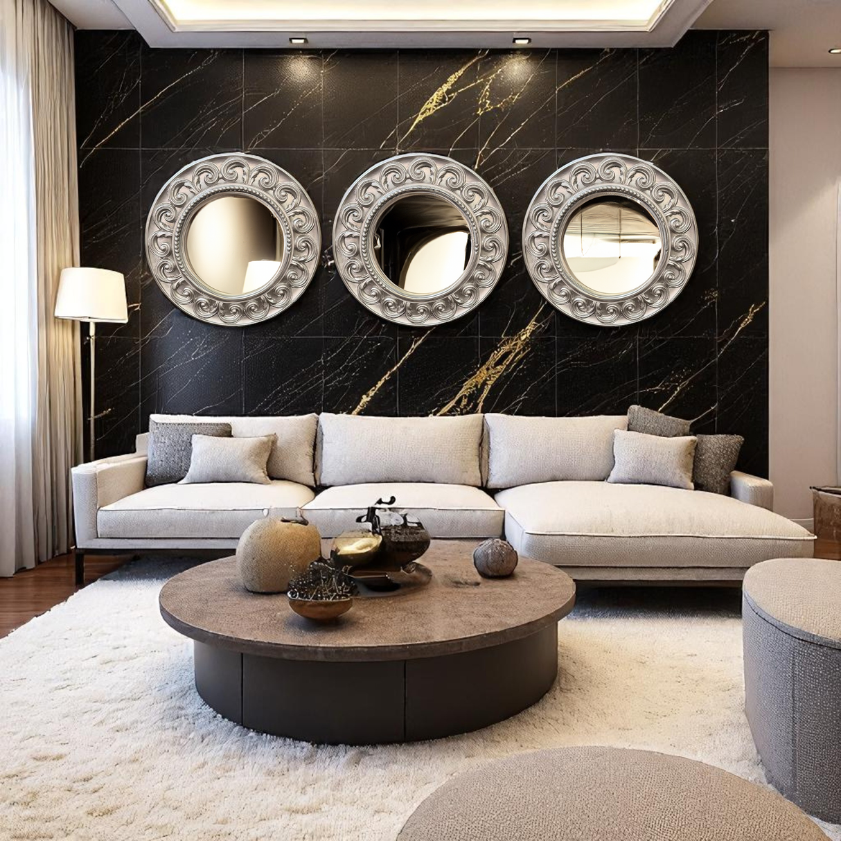 LS05 Silver Mirror with Ornately Decorated Frame | Round 52x52cm