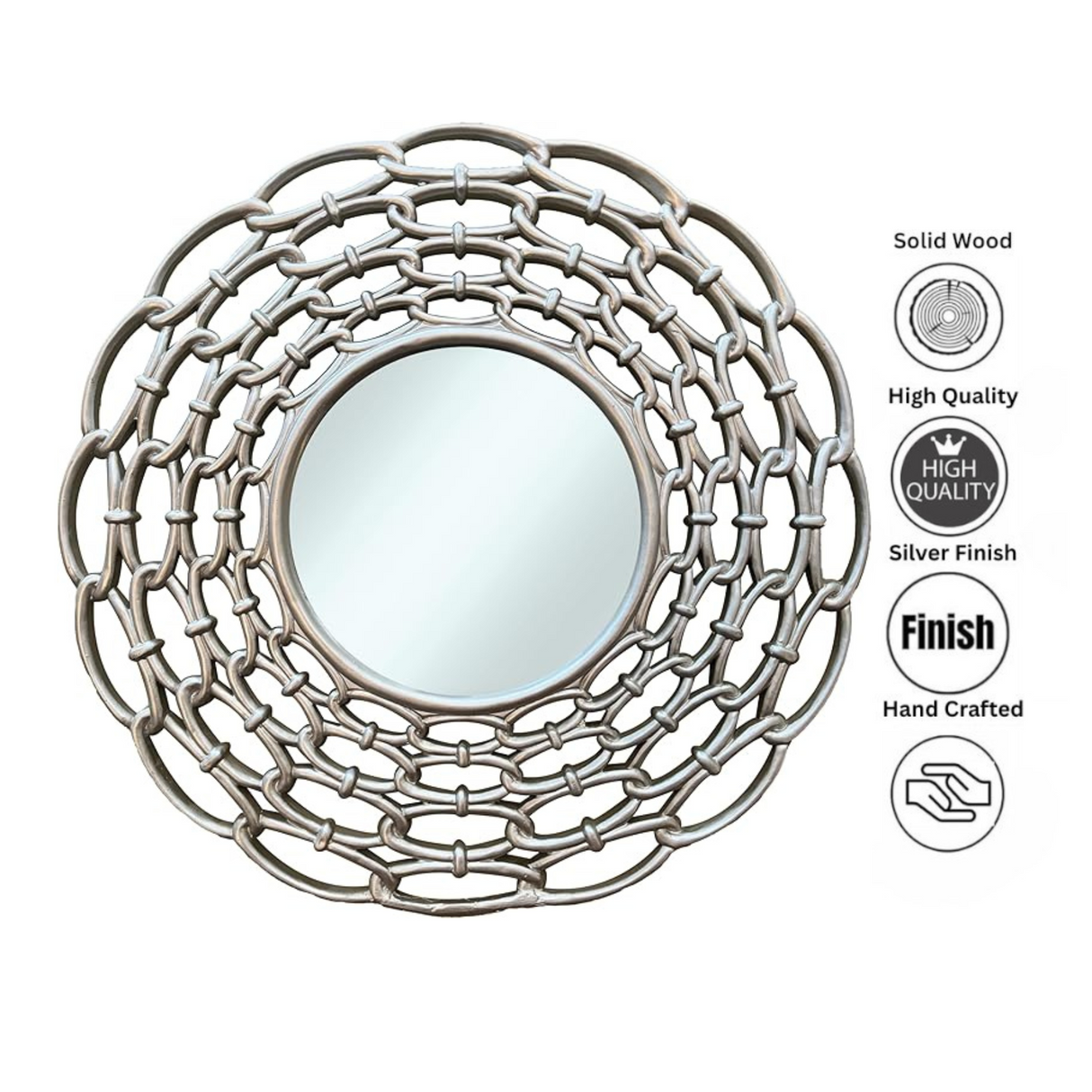 LS23 Mirror with Ornately Decorated Frame | Round Silver 63x63cm