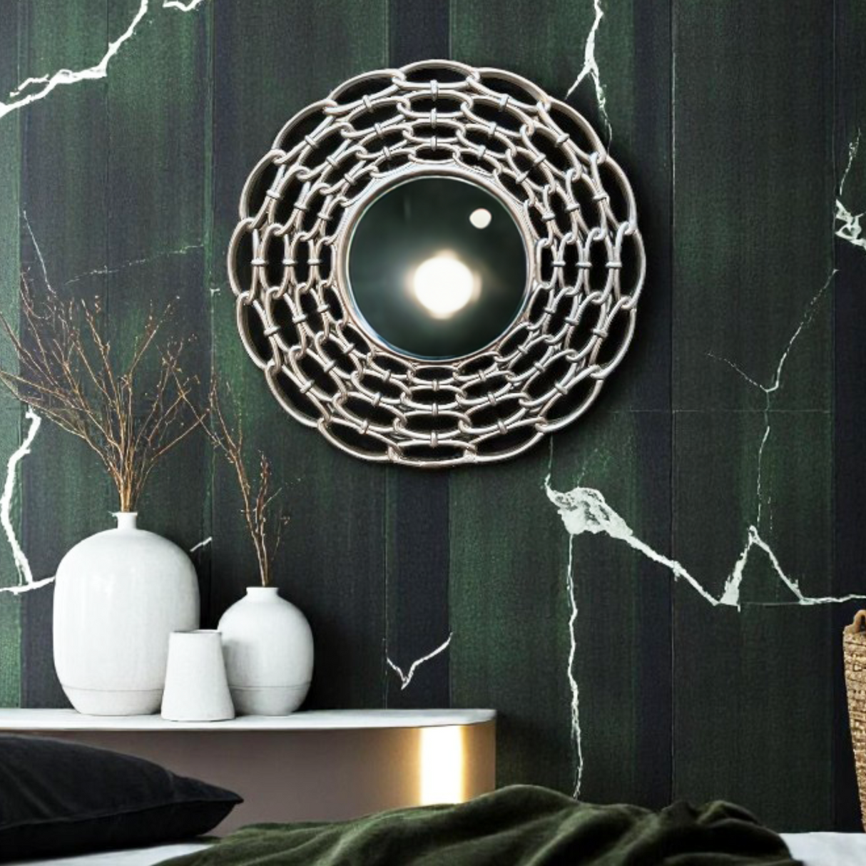 LS23 Mirror with Ornately Decorated Frame | Round Silver 63x63cm