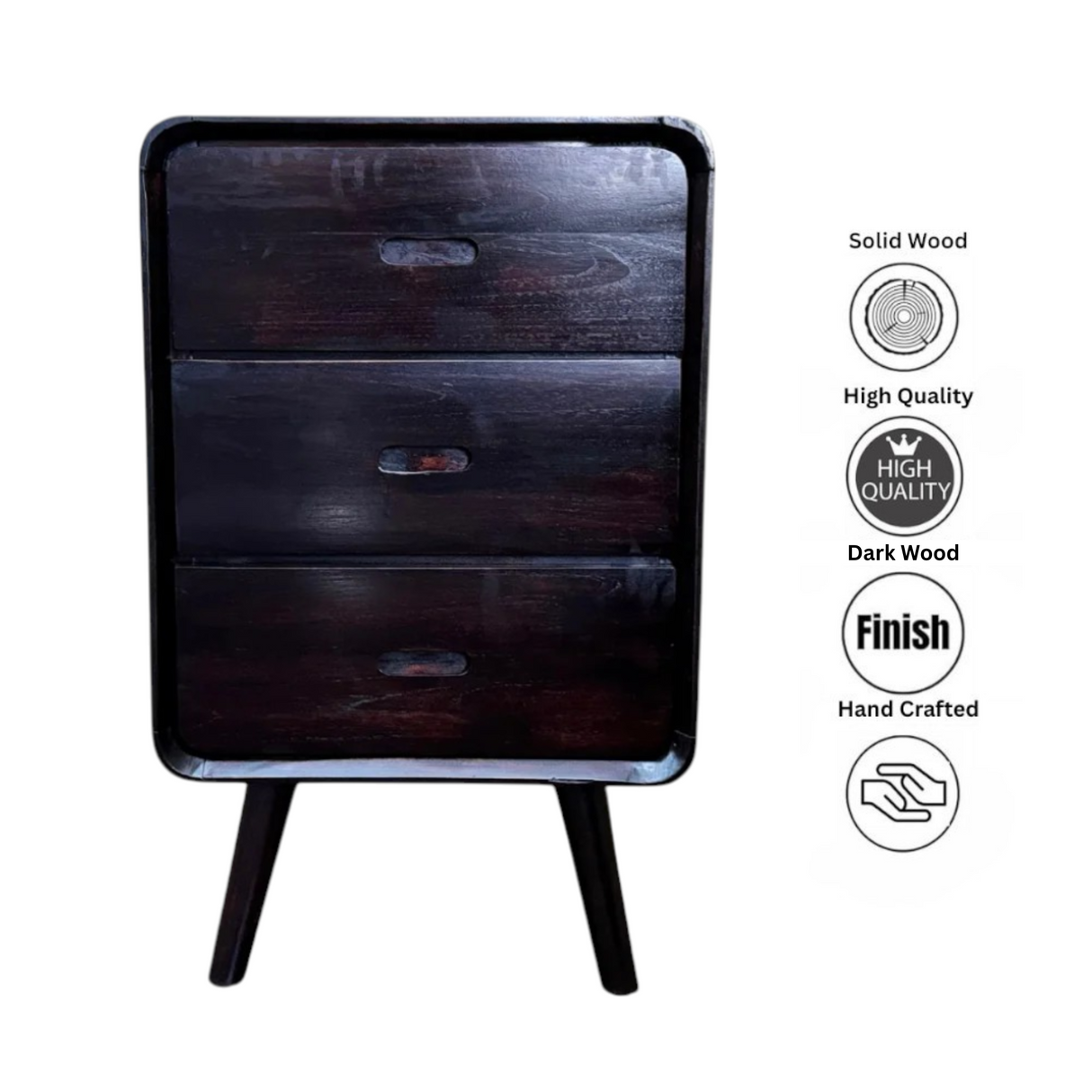 Retro Bedside Pedestal 3 Drawers | Dark Wood Finish