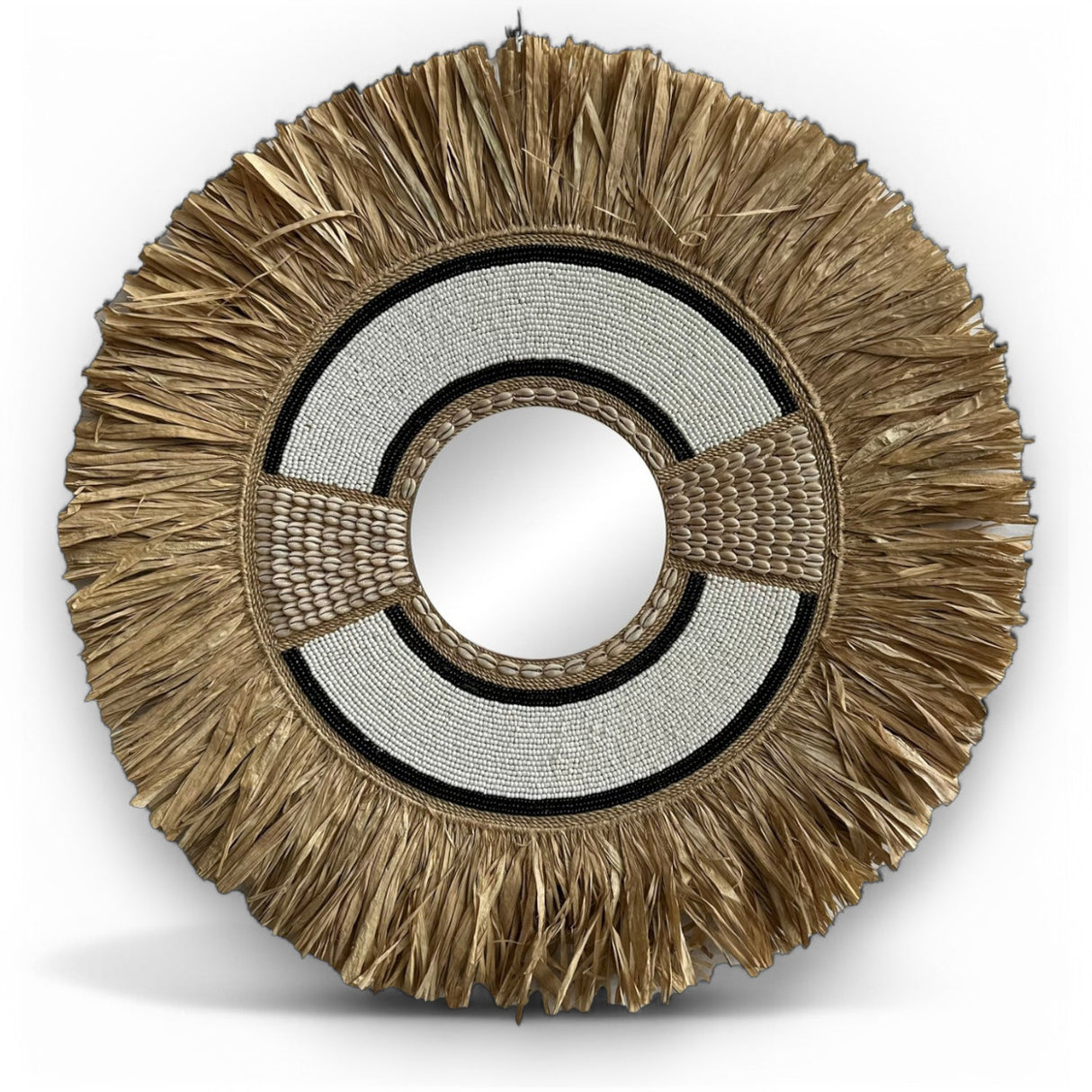 Natural Frame Mirror | Beaded White & Black, Woven 70cm