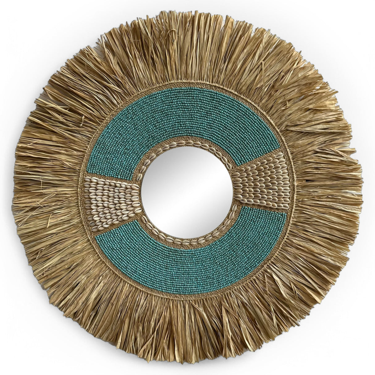 Natural Frame Mirror | Beaded Turquoise , Woven 70cm