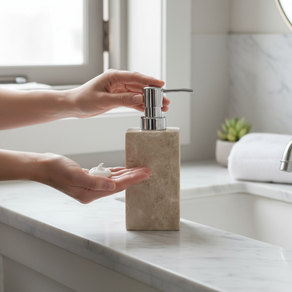 Natural Riverstone Soap Dispensers | Square, Cream Marbled