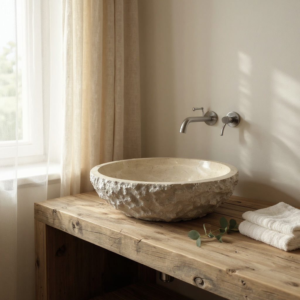 Indonesian Riverstone Basin/Sink - Cream, Marbled, Oval