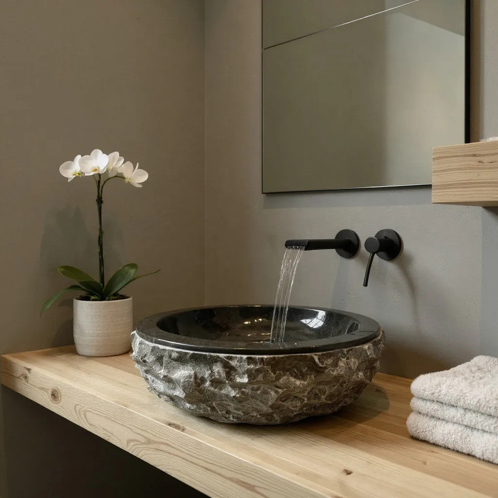 Indonesian Riverstone Basin/Sink - Charcoal, Marbled, Round 50cm