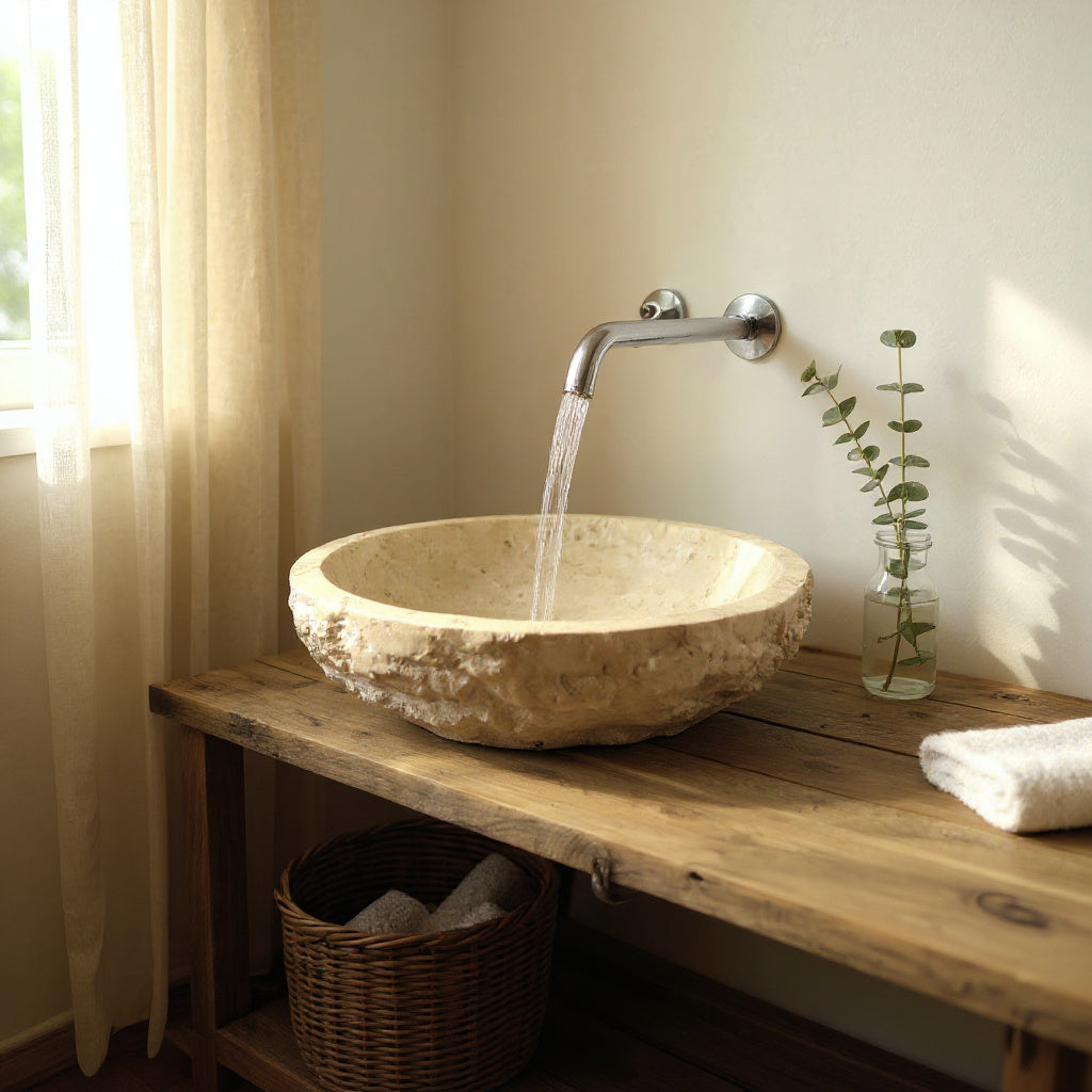 Indonesian Riverstone Basin/Sink - Beige, Marbled, Oval
