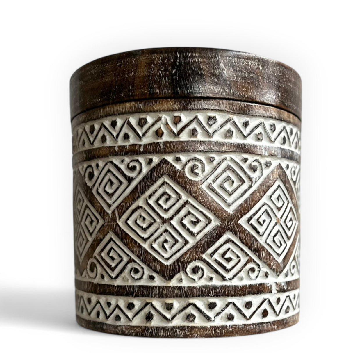 Wooden Pot | Greek Pattern Flat Lid