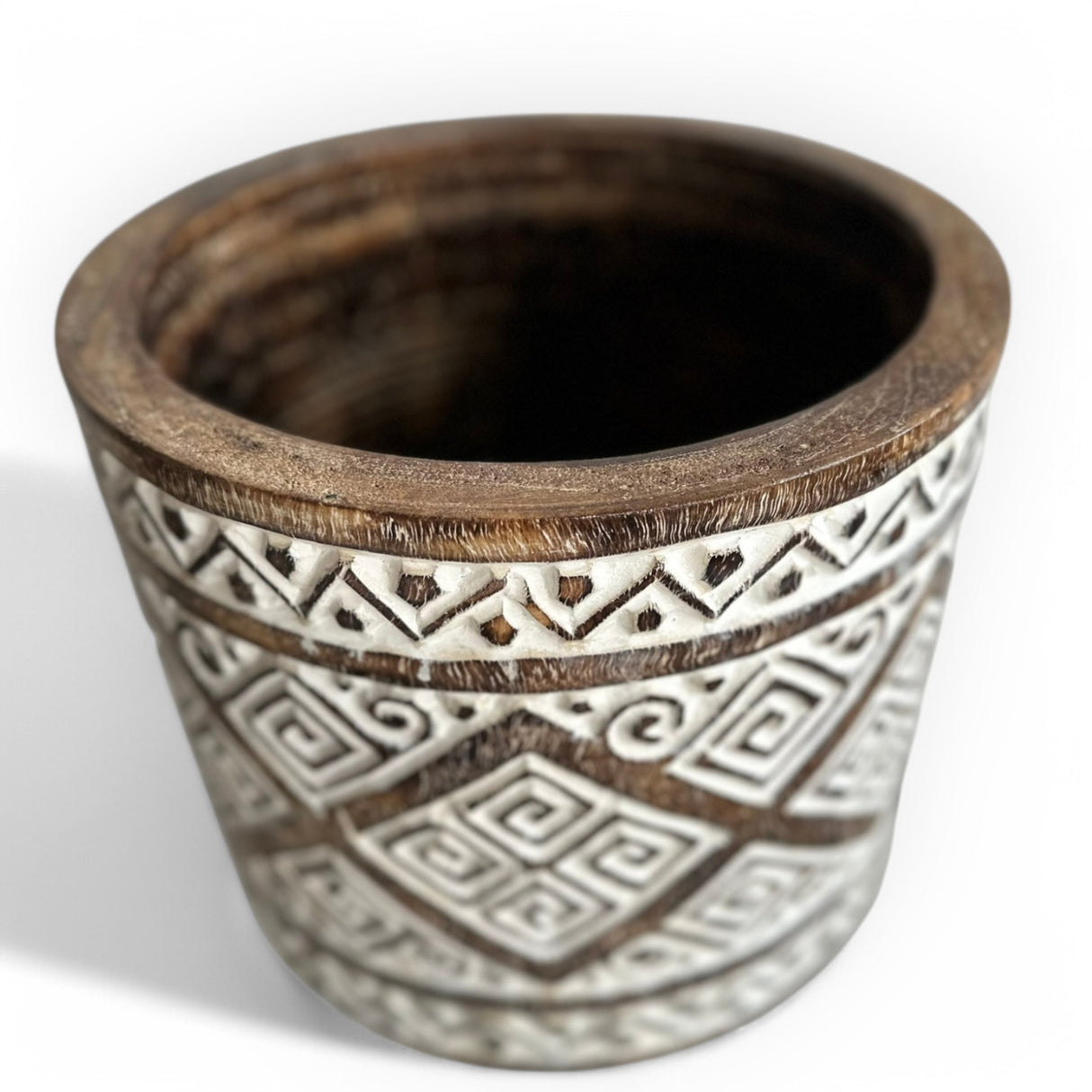 Wooden Pot | Greek Pattern Flat Lid