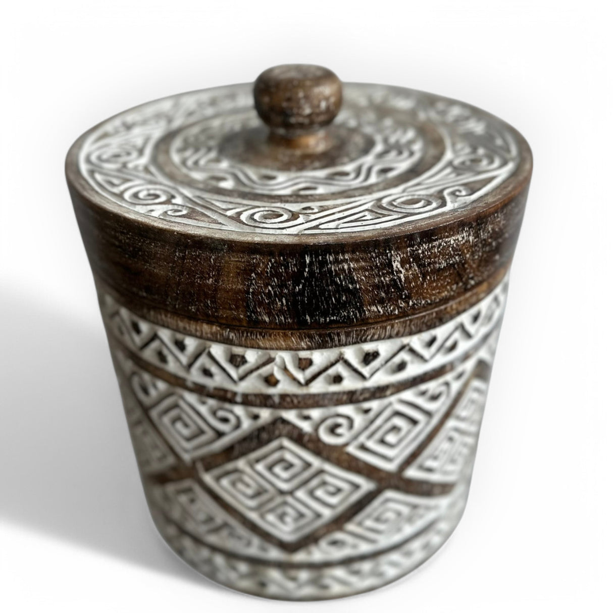 Wooden Pot | Greek Pattern Flat Lid