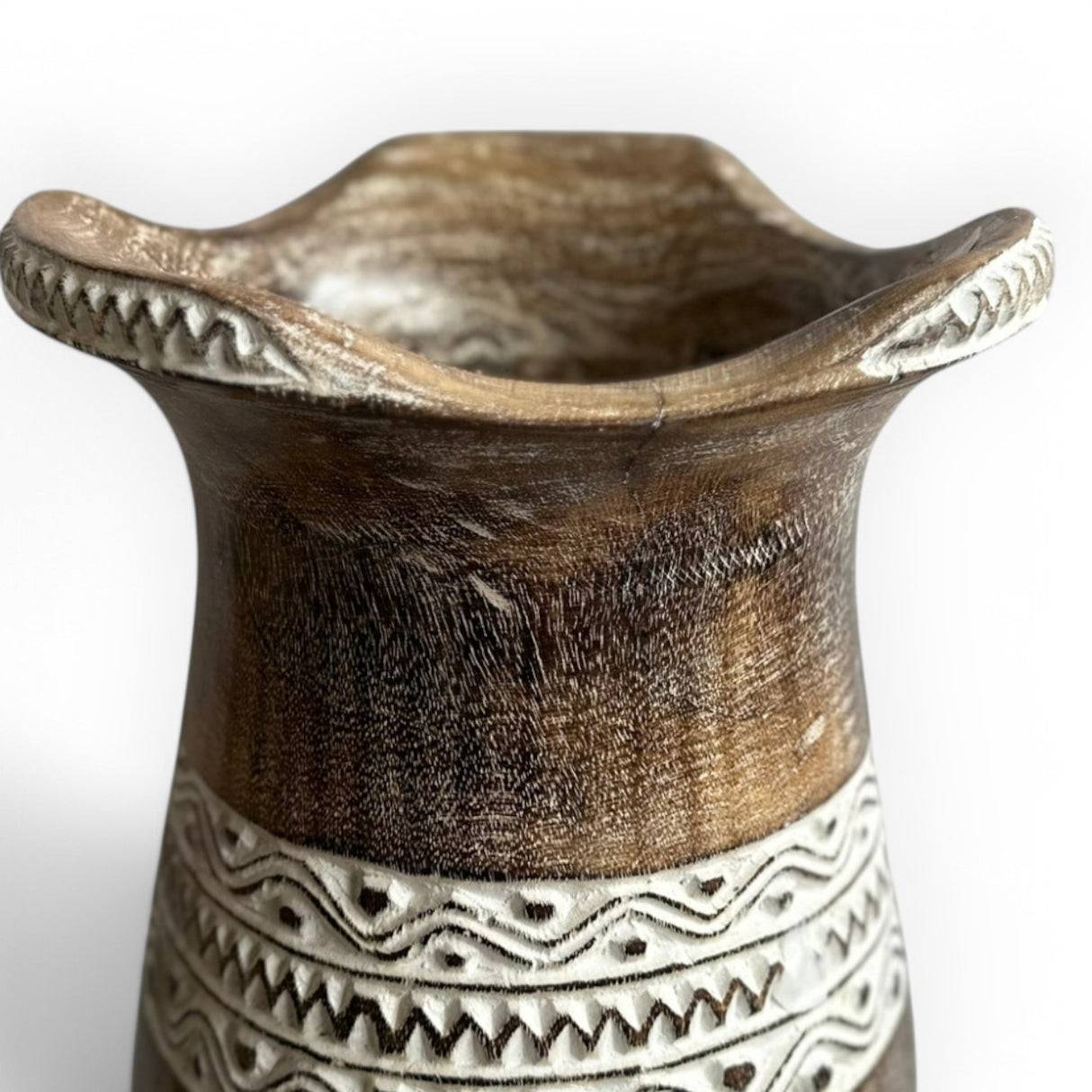 Hand Carved Flared Top Vase | 61cm, Wood, White Carvings