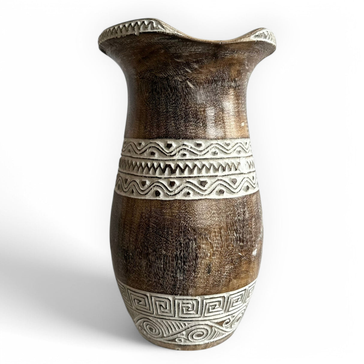 Hand Carved Flared Top Vase | 61cm, Wood, White Carvings