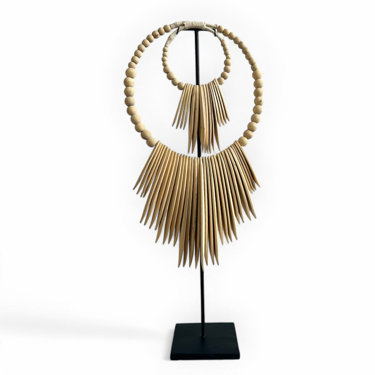 Sculptural Wooden Necklace Ornament on Metal Stand | Natural
