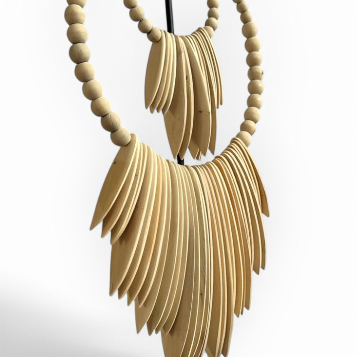 Sculptural Wooden Necklace Ornament on Metal Stand | Natural
