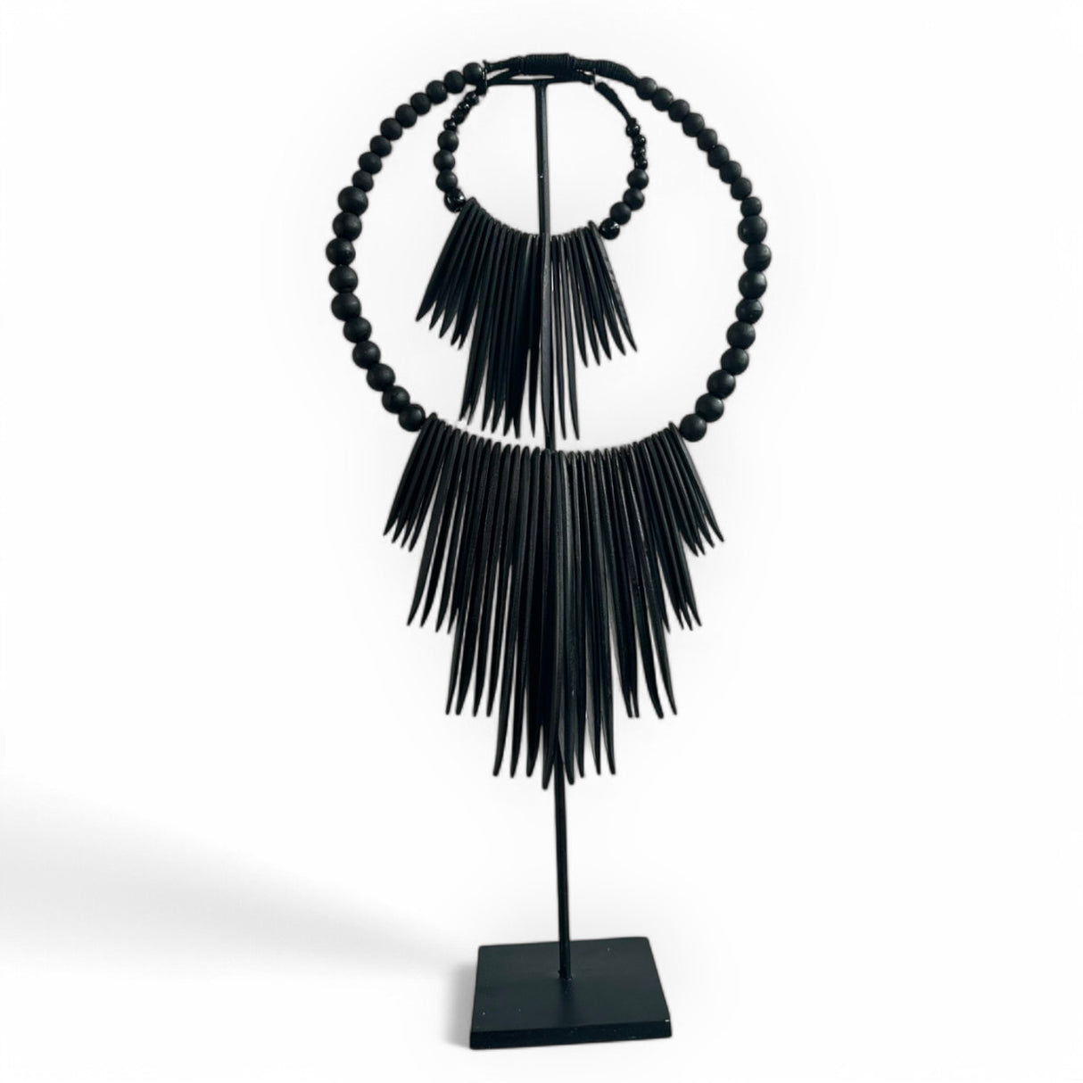 Sculptural Wooden Necklace Ornament on Metal Stand | Black