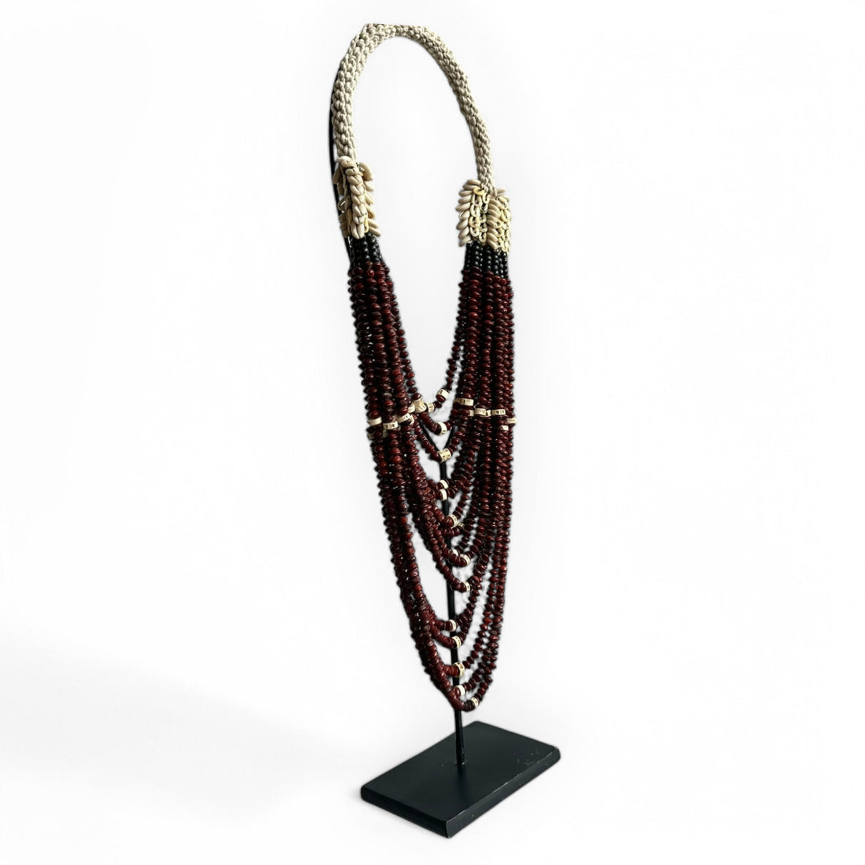 Beaded Necklace Ornament on Metal Stand | Maroon, Black