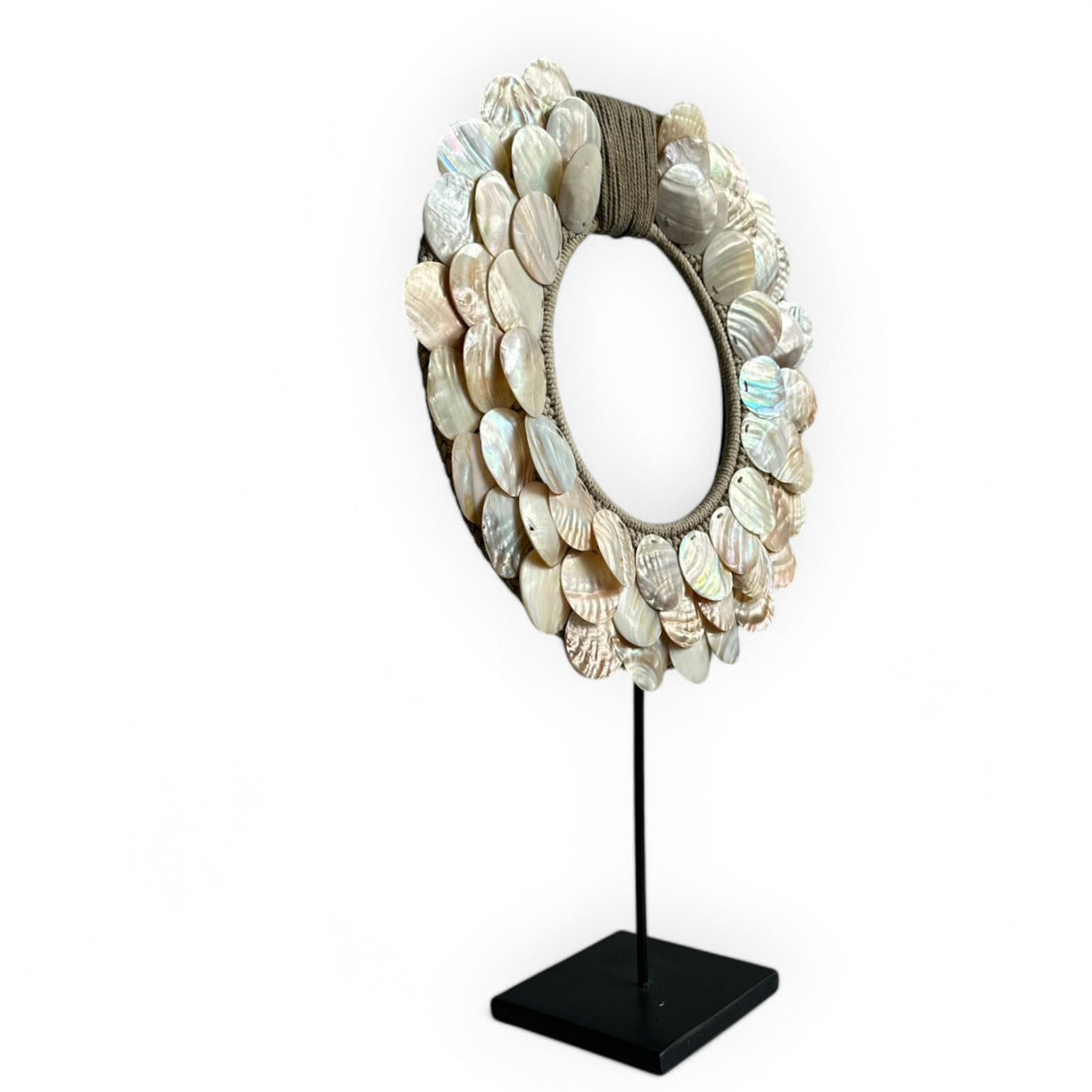 Round Shell Necklace Ornament on Metal Stand | Pearlescent