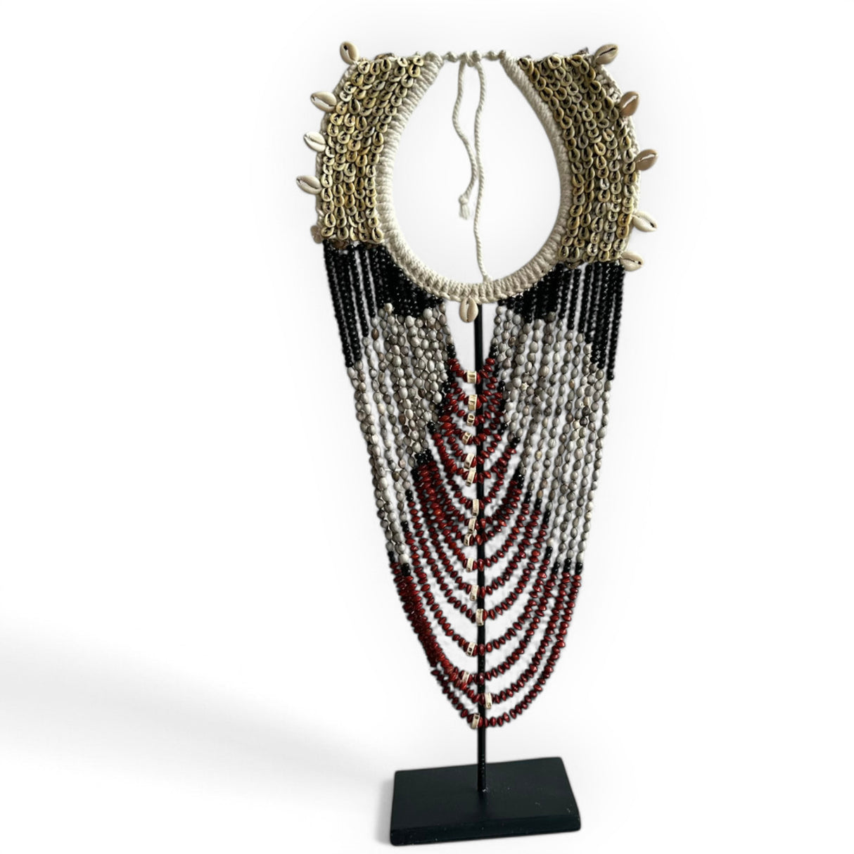 Beaded Necklace Ornament on Metal Stand | Red, Black & White