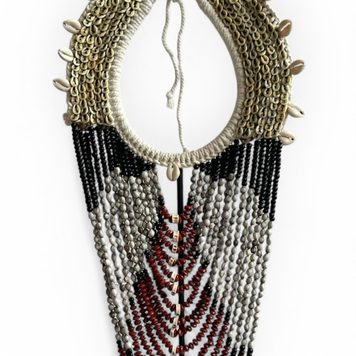 Beaded Necklace Ornament on Metal Stand | Red, Black & White