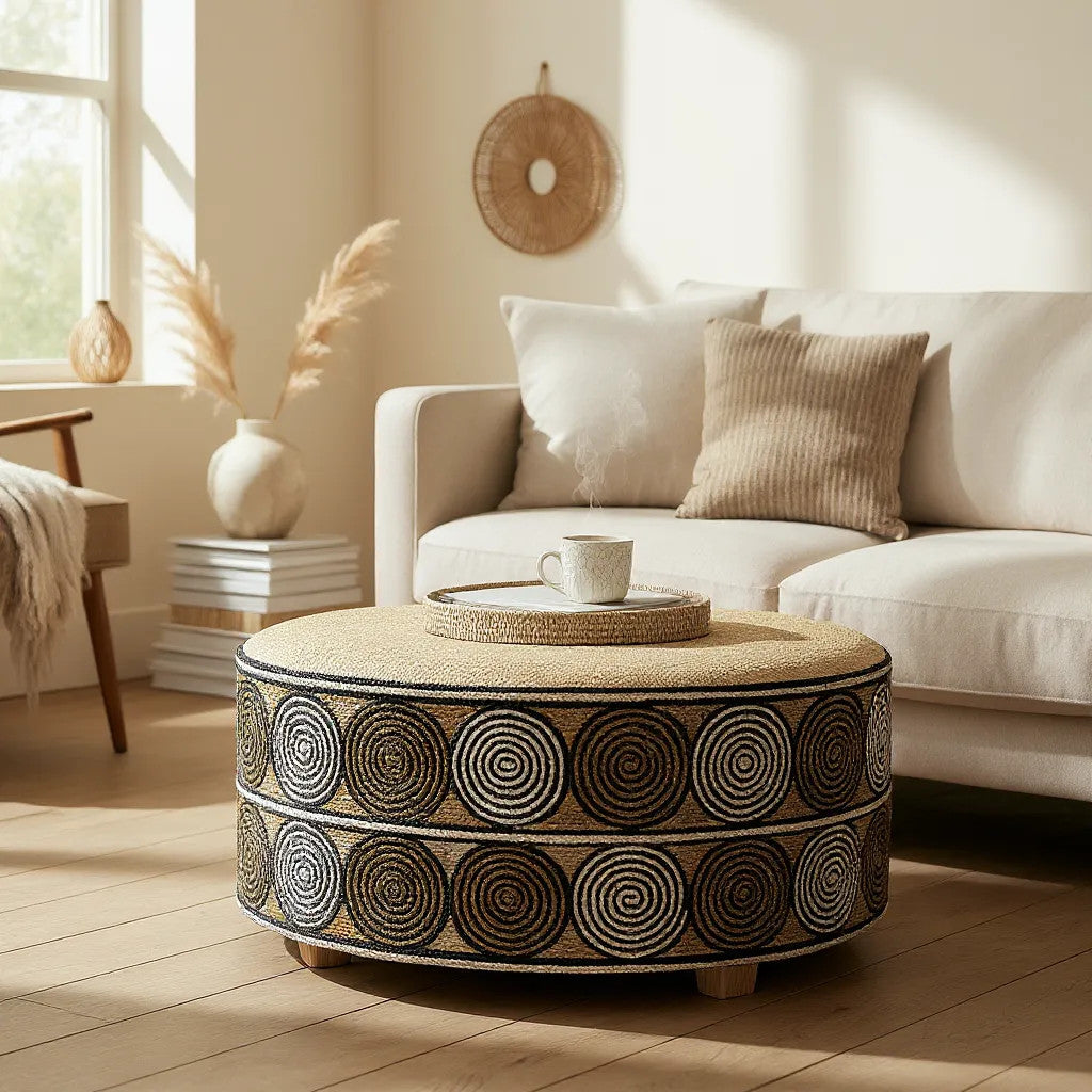 Rattan Woven Stool | Swirls, Natural, White & Black