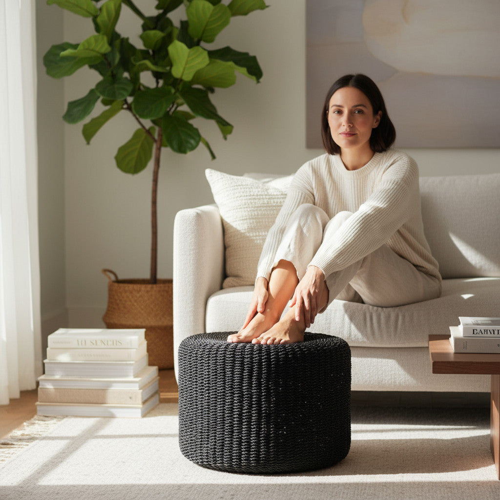 Rattan Woven Stool | Black, 60cm