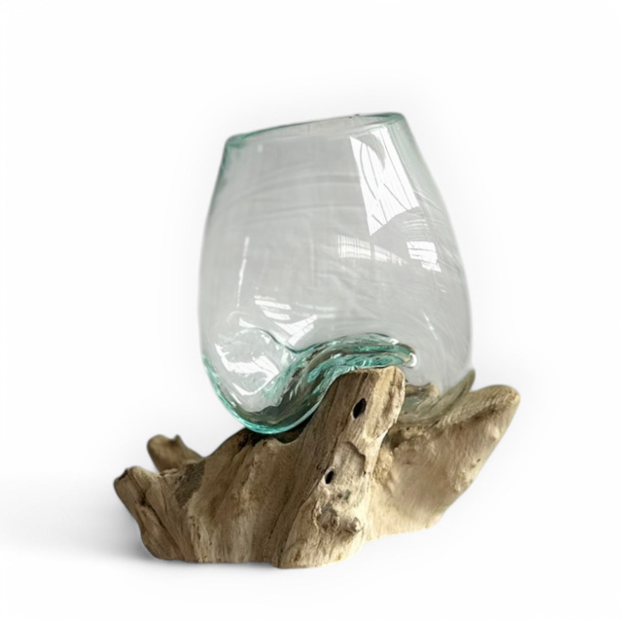 Hand-Blown Glass Bowl on Driftwood Base