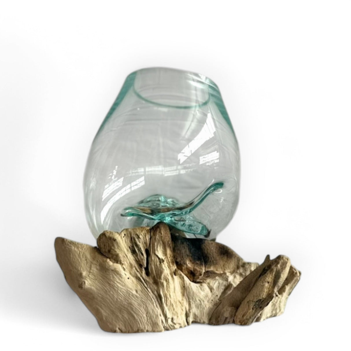 Hand-Blown Glass Bowl on Driftwood Base