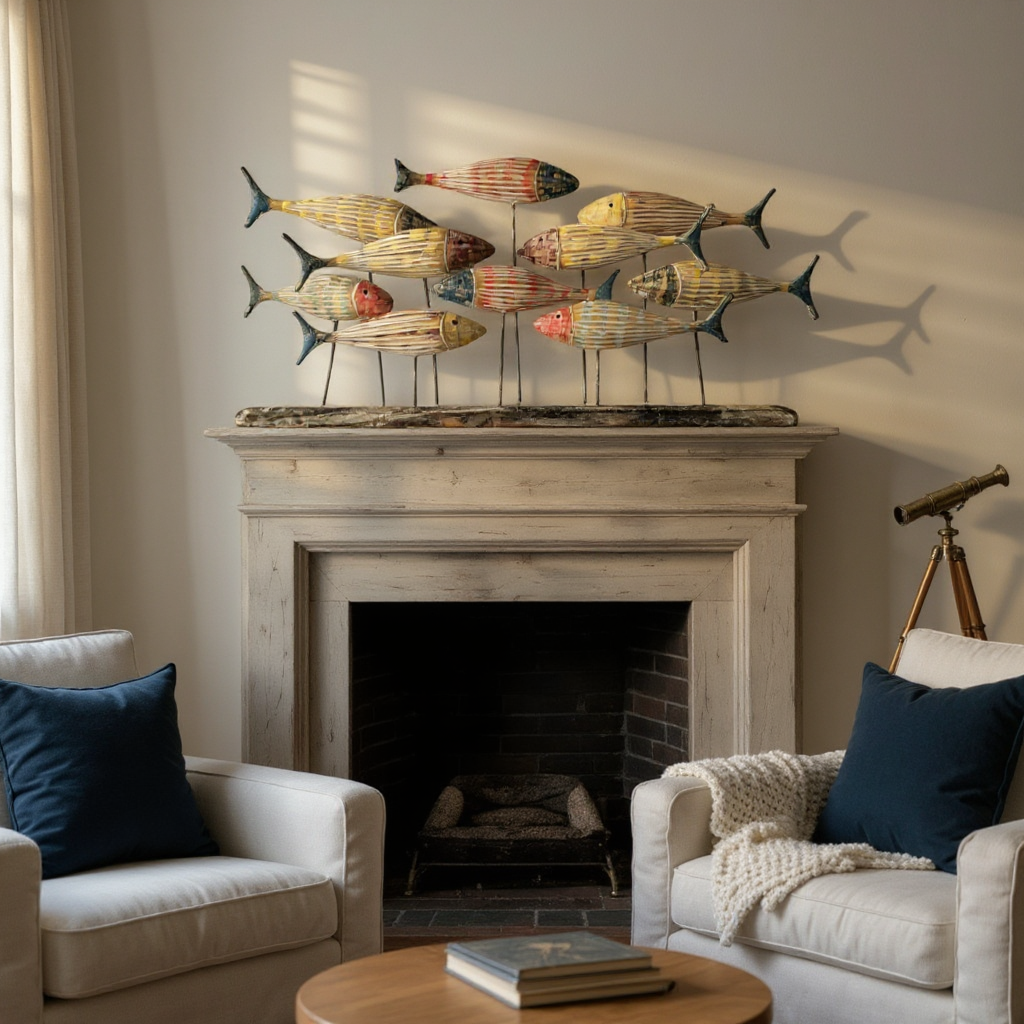 Nautical Wooden Fish Sculpture | Red, Yellow, Brown