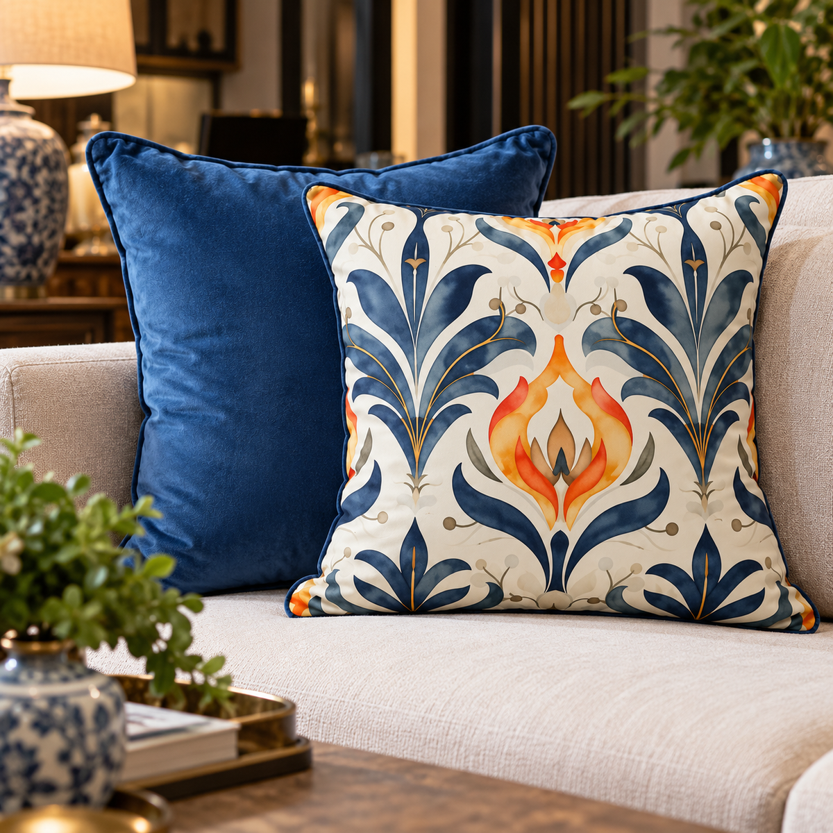 Botanical Blue lamp; Gold Luxury Scatter Cushion