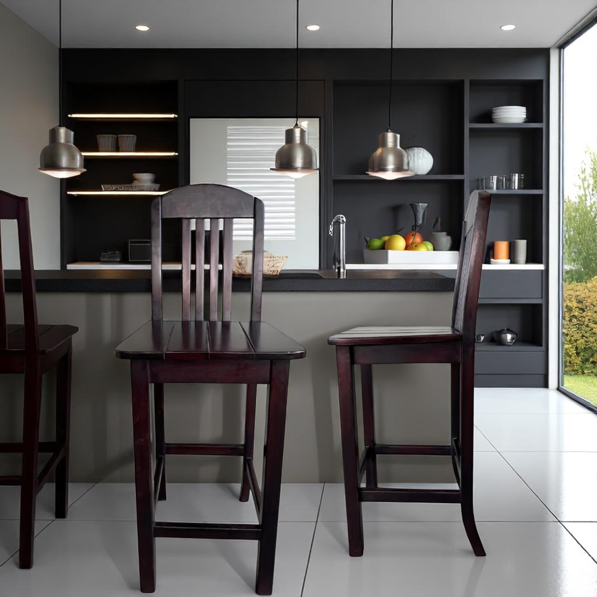 BAR CHAIR WITH BACK | DARK STAINED BROWN SOLID WOOD