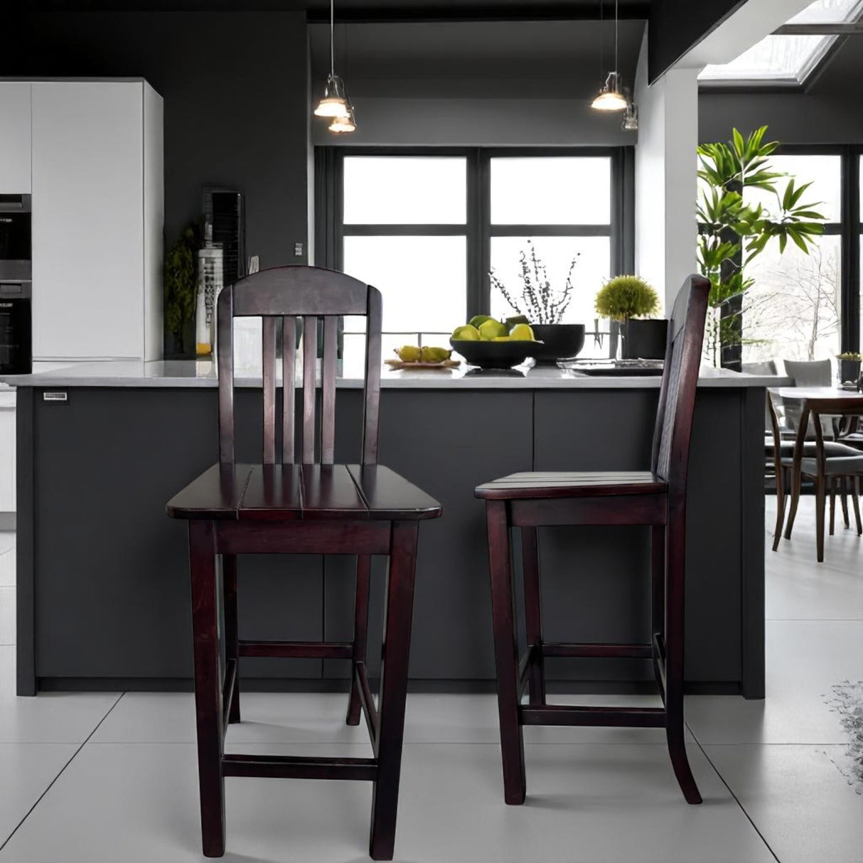 BAR CHAIR WITH BACK | DARK STAINED BROWN SOLID WOOD