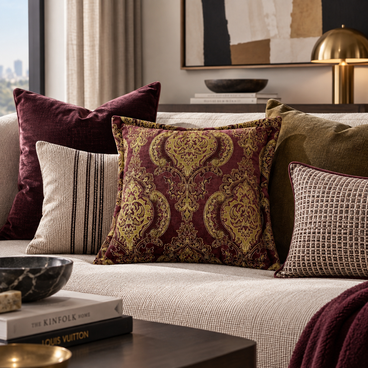 A decorative square throw pillow with an ornate gold and burgundy damask pattern, styled on a beige textured sofa alongside other accent pillows in a modern living room setting.