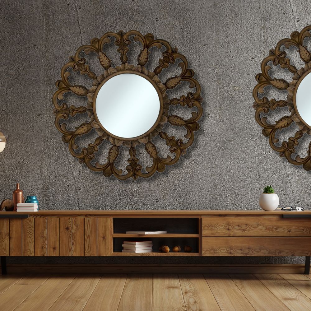 Horizon Round Mirror | Brown Kuno Bali with Ornately Decorated Frame 120x120cm