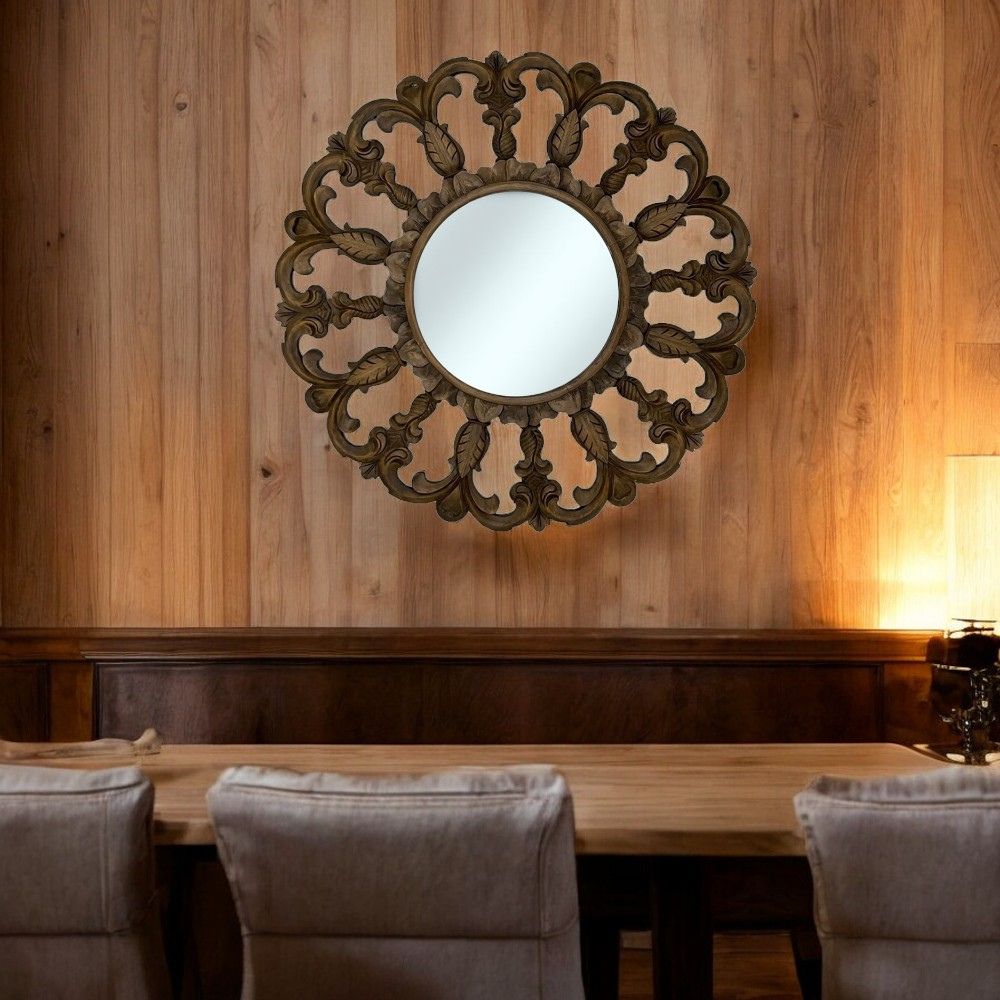 Horizon Round Mirror | Brown Kuno Bali with Ornately Decorated Frame 120x120cm