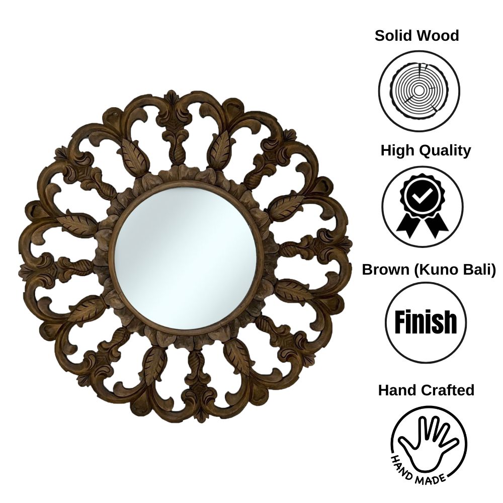 Horizon Round Mirror | Brown Kuno Bali with Ornately Decorated Frame 120x120cm