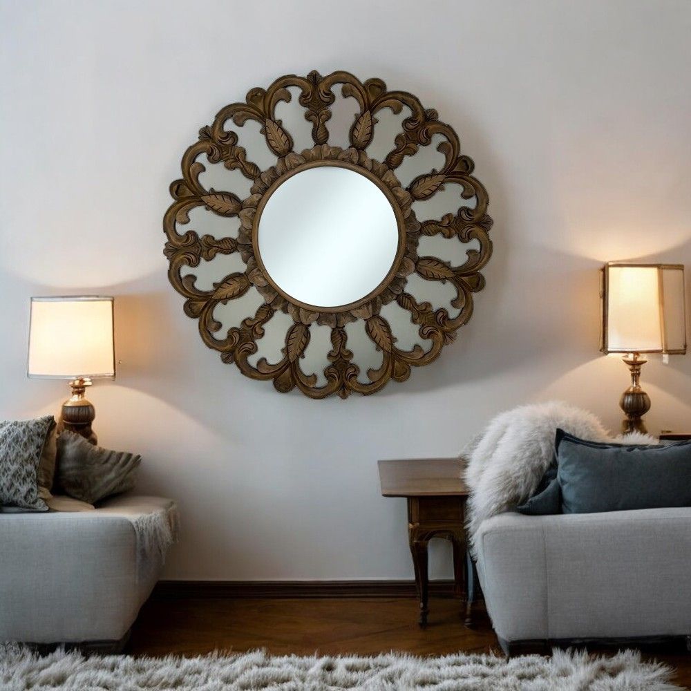 Horizon Round Mirror | Brown Kuno Bali with Ornately Decorated Frame 120x120cm