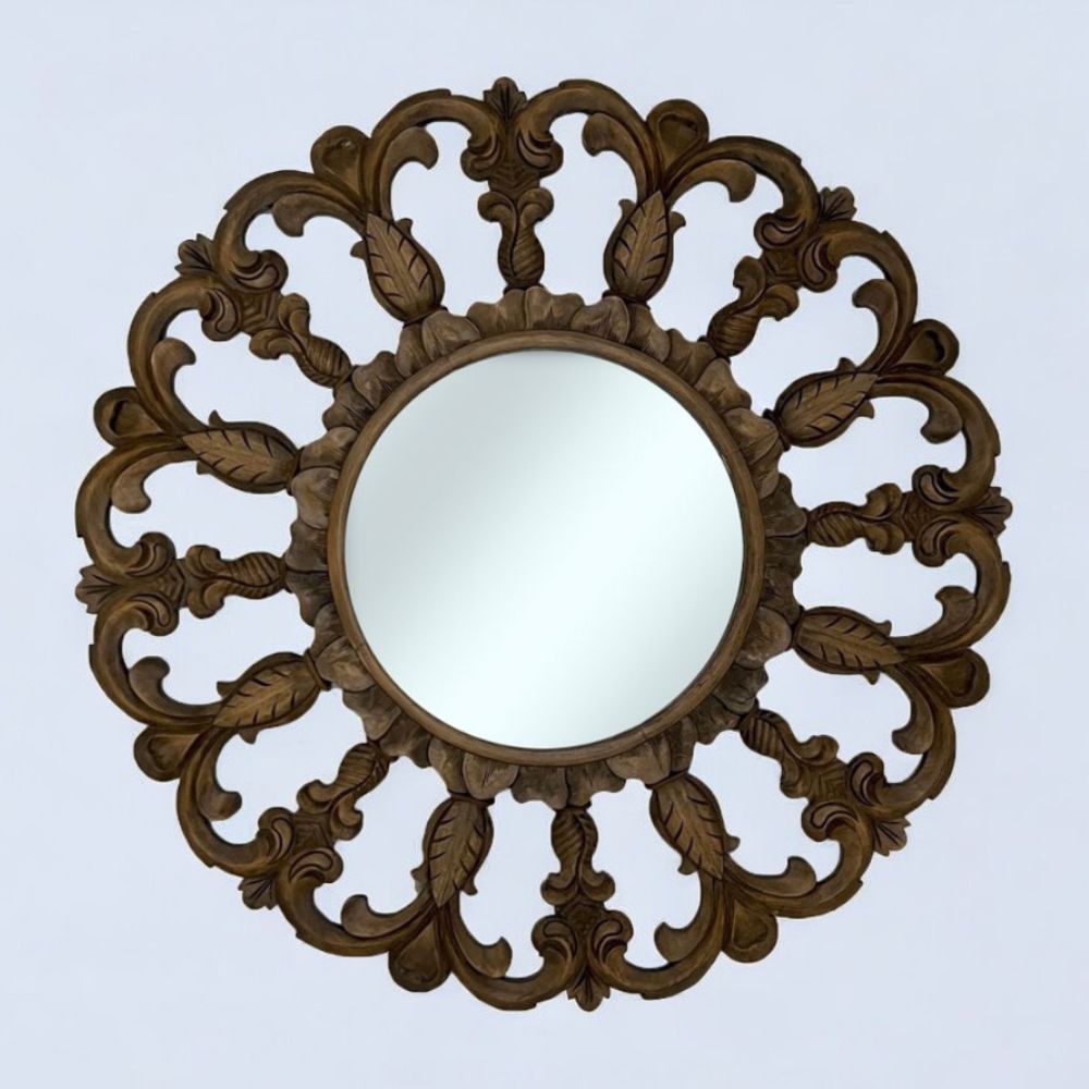 Horizon Round Mirror | Brown Kuno Bali with Ornately Decorated Frame 120x120cm