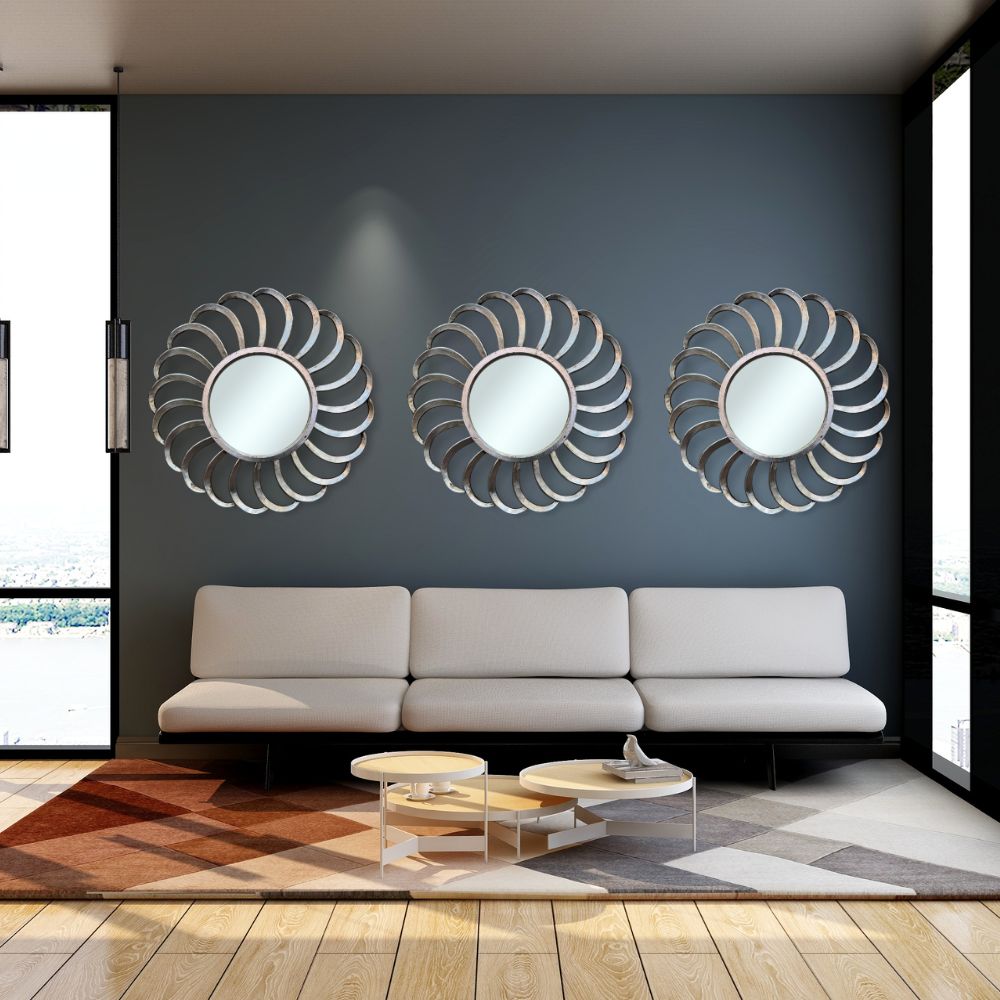 Round Mexico Wind Mirror Silver with Ornately Decorated Frame 80x80cm