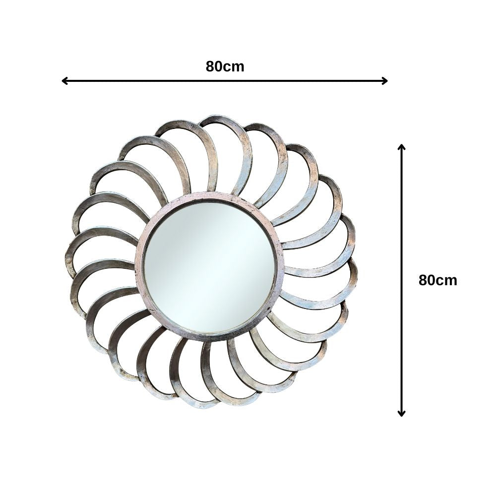 Round Mexico Wind Mirror Silver with Ornately Decorated Frame 80x80cm