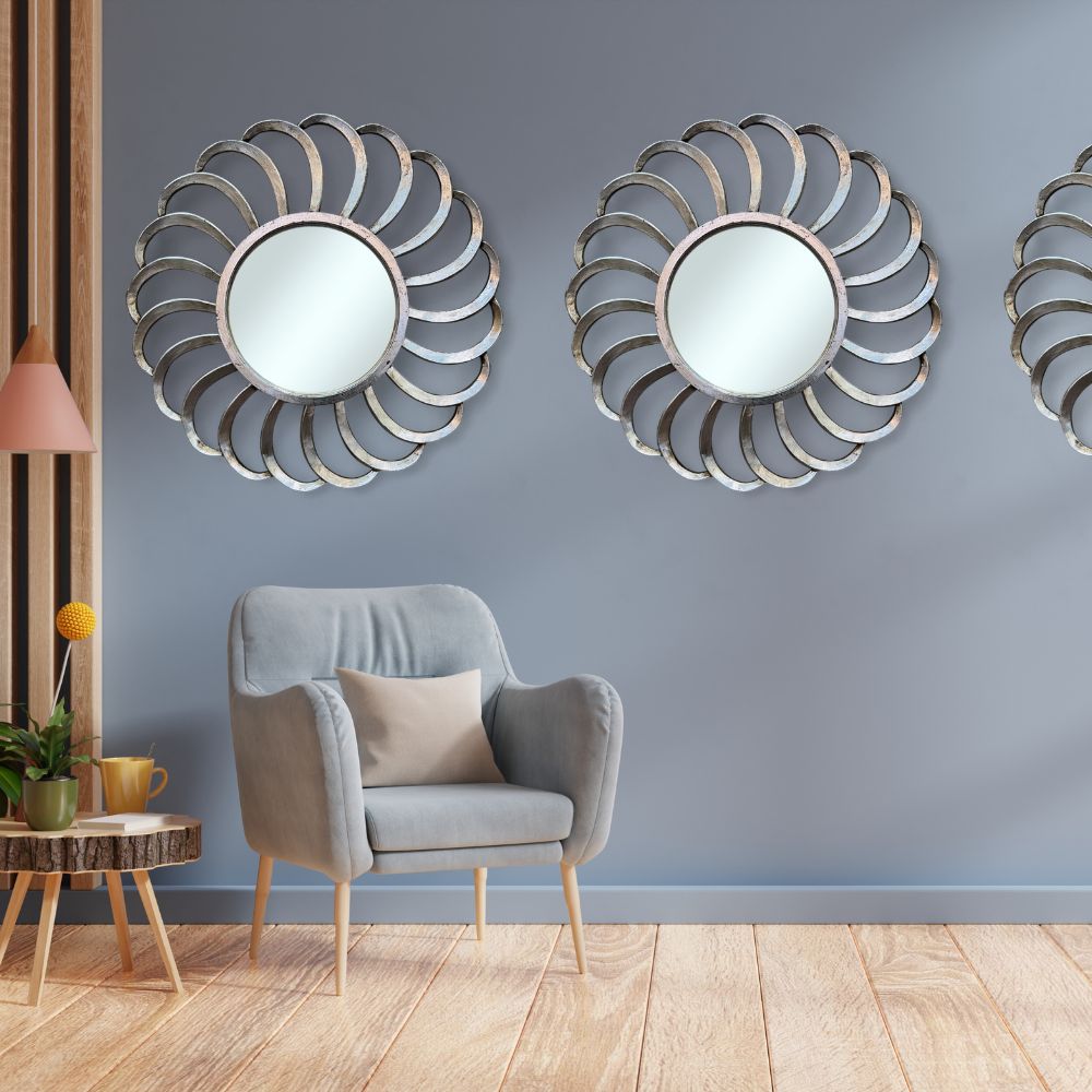 Round Mexico Wind Mirror Silver with Ornately Decorated Frame 80x80cm