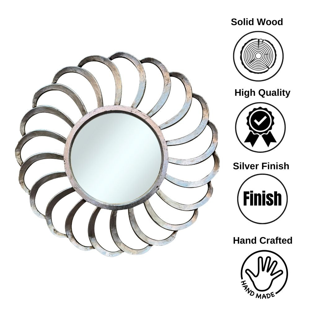 Round Mexico Wind Mirror Silver with Ornately Decorated Frame 80x80cm