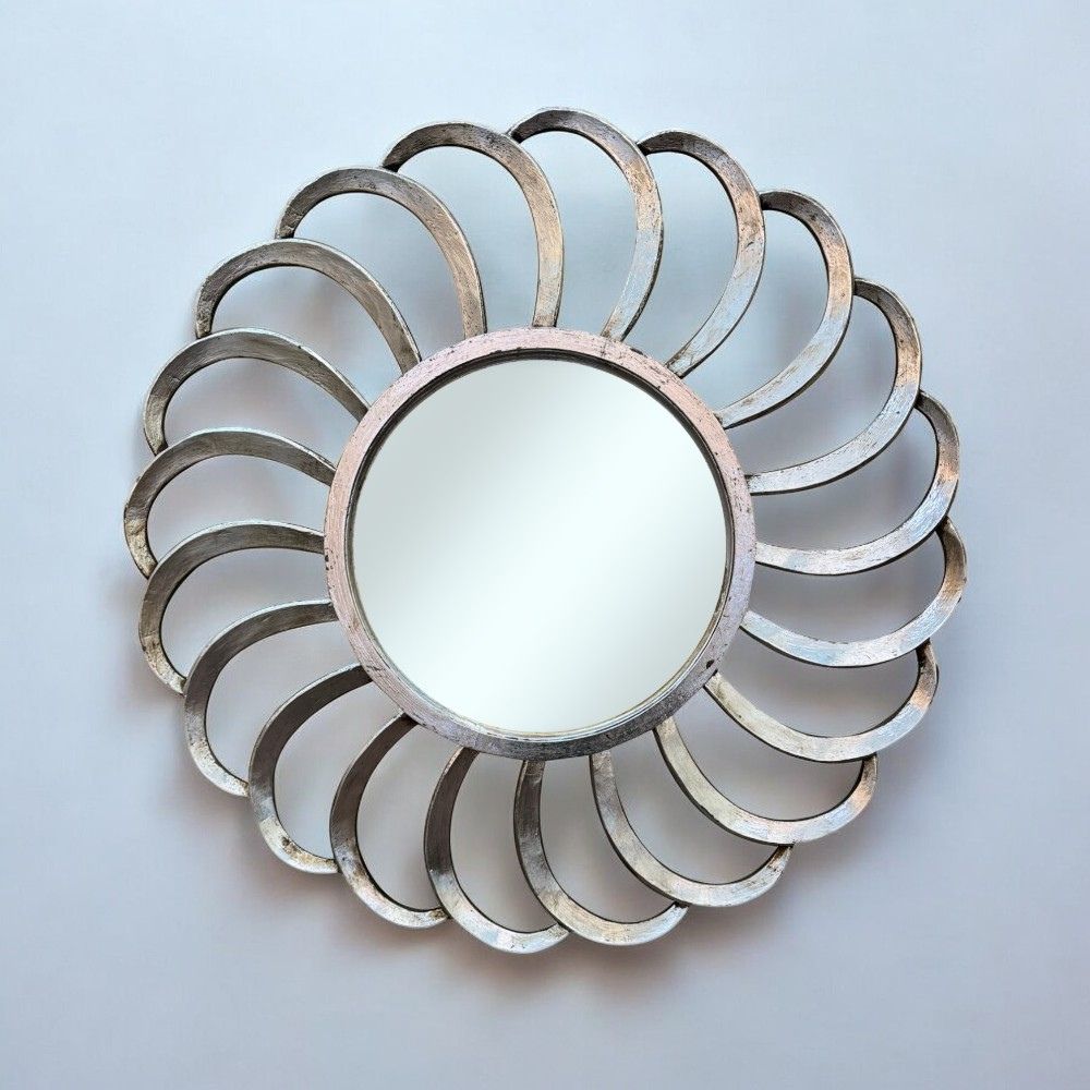 Round Mexico Wind Mirror Silver with Ornately Decorated Frame 80x80cm